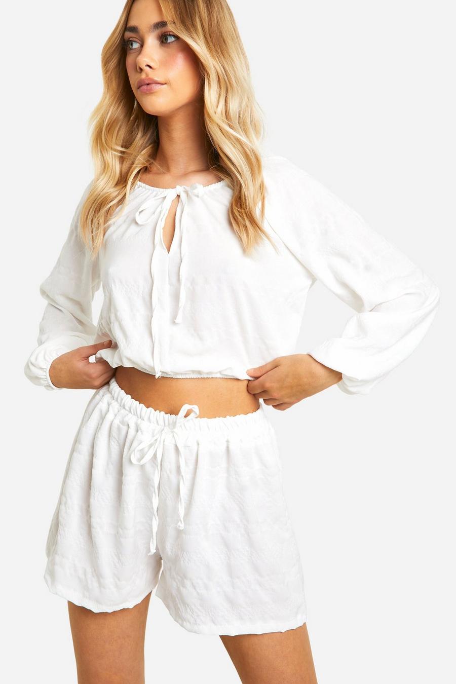 Ivory Textured Tie Front Blouse & Flippy Shorts 