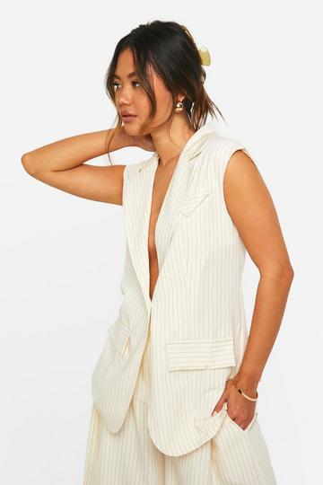 Cream White Tonal Pinstripe Longline Waistcoat