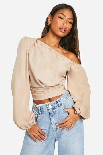 Stone Beige Draped One Shoulder Ruched Side Blouse