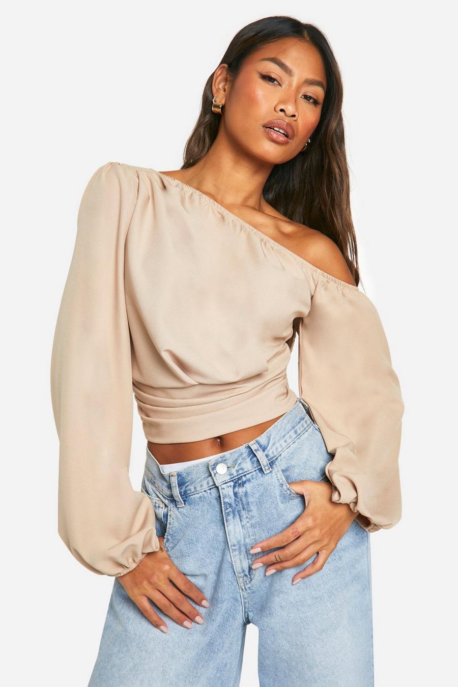 Stone Draped One Shoulder Ruched Side Blouse image number 1
