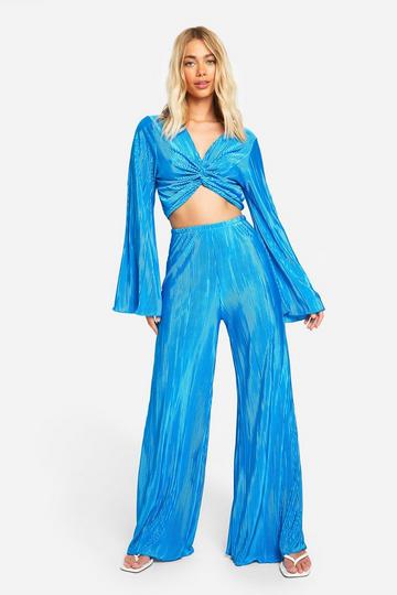 Plisse Tie Front Flared Sleeve Crop & Wide Leg Pants azure