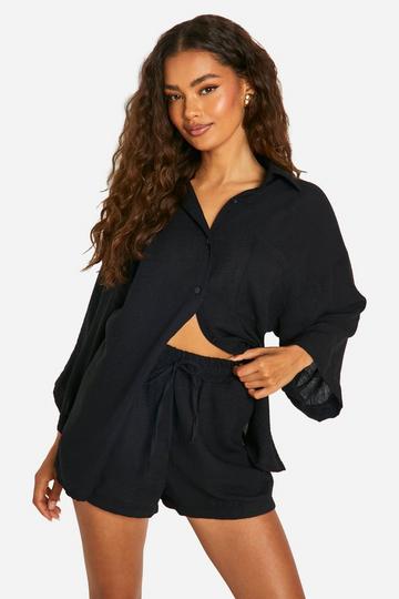 Linen Look Oversized Shirt & Shorts Set black