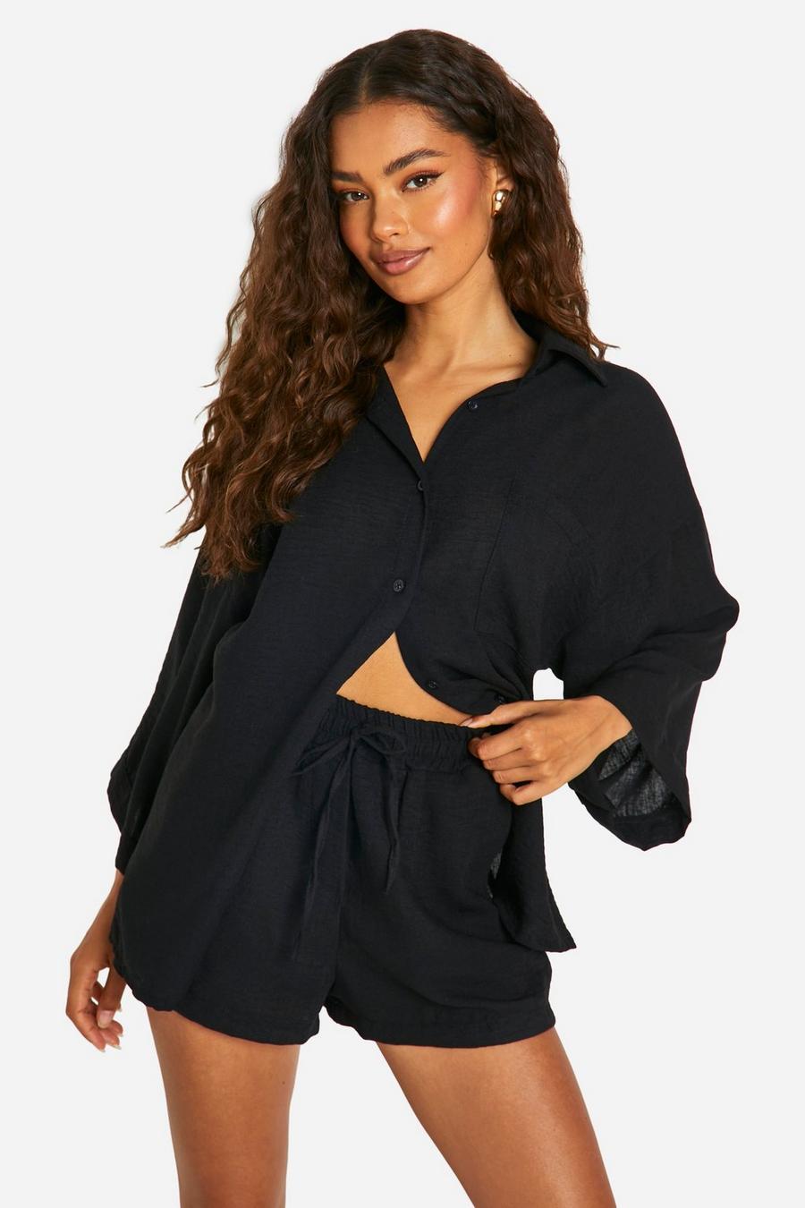 Black Linen Look Oversized Shirt & Shorts Set image number 1