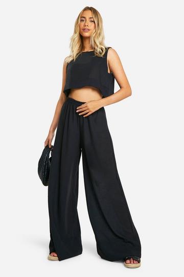 Linen Look Relaxed Fit Crop & Wide Leg Pants black