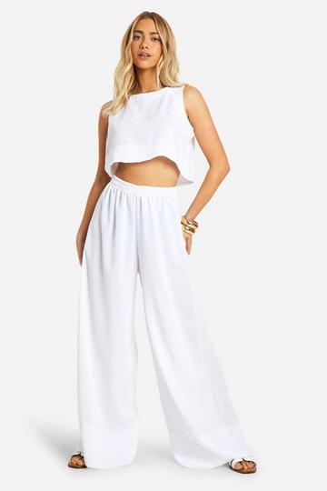 Linen Look Relaxed Fit Crop & Wide Leg Trousers ivory