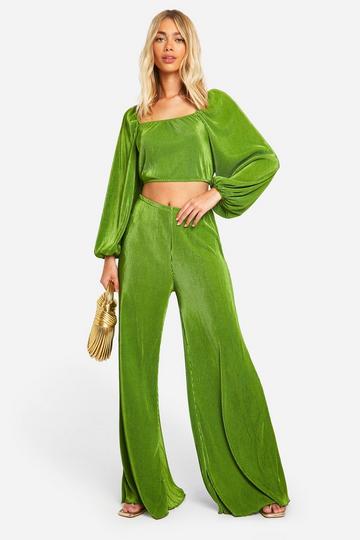 Plisse Volume Sleeve Crop & Wide Leg Pants olive