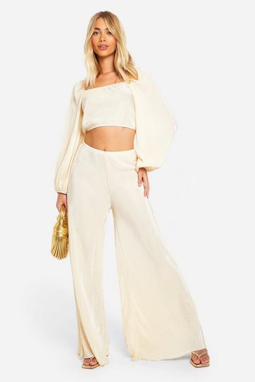 Cream White Plisse Puff Sleeve Crop & Wide Leg Pants