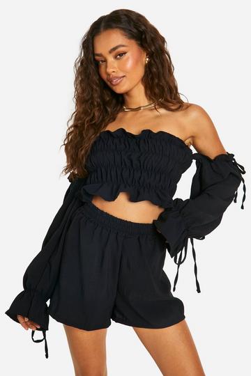 Geplooide Crop Top Met Textuur En Volle Mouwen En Losse Shorts black