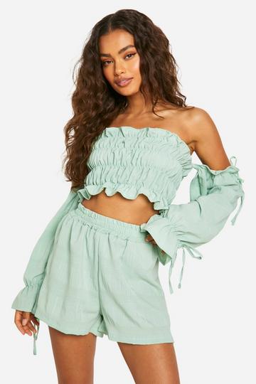 Textured Volume Sleeve Shirred Crop & Flippy Shorts sage