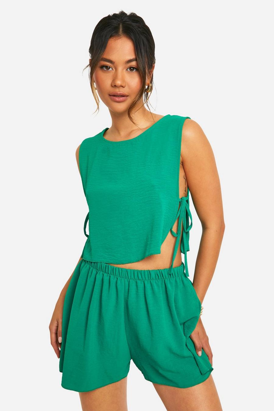 Bright green Hammered Tie Side Crop & Flippy Shorts image number 1