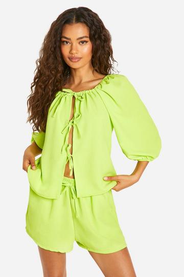 Hammered Tie Front Volume Sleeve Blouse & Flippy Shorts lime