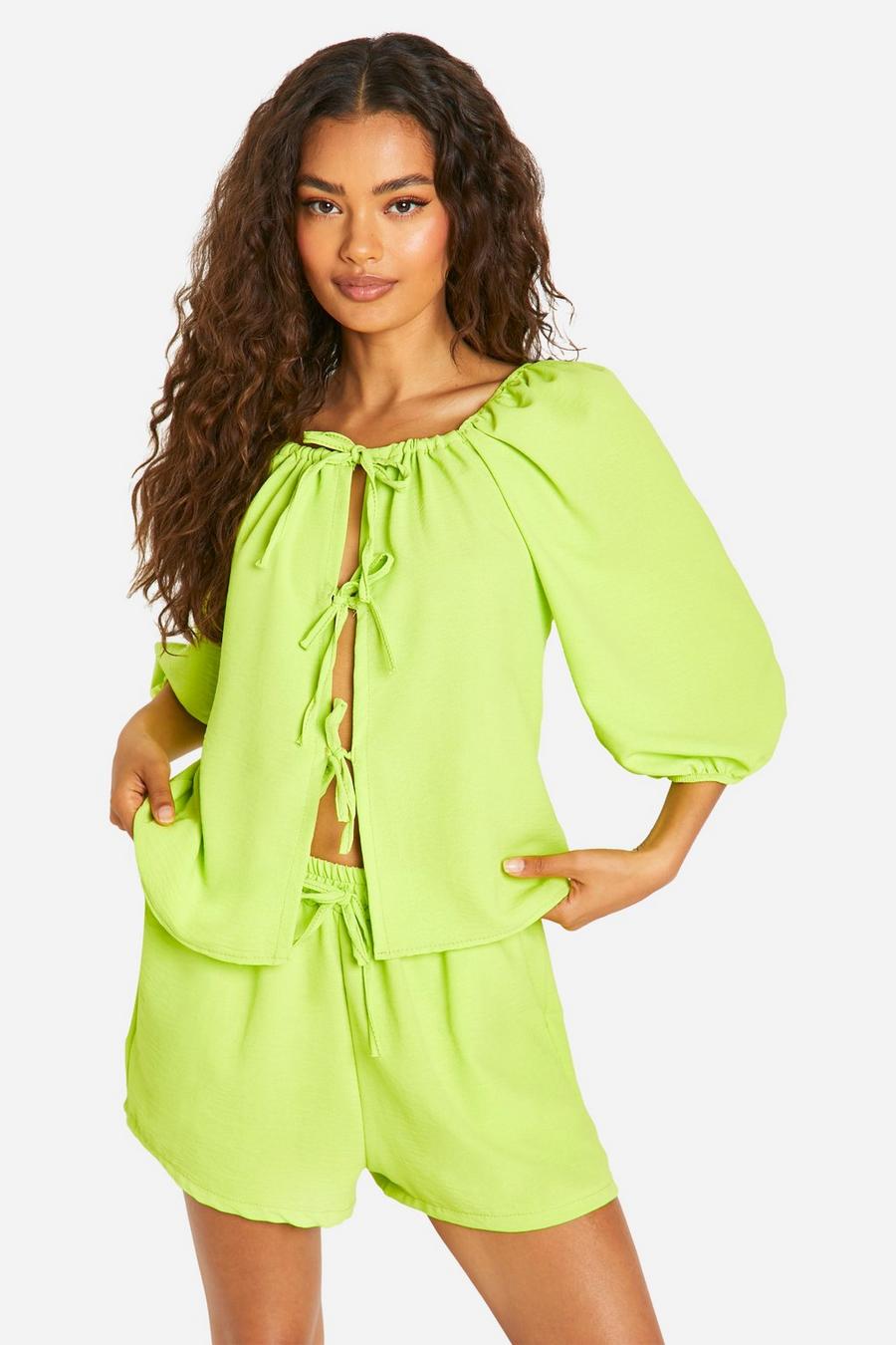 Lime Hammered Tie Front Volume Sleeve Blouse & Flippy Shorts