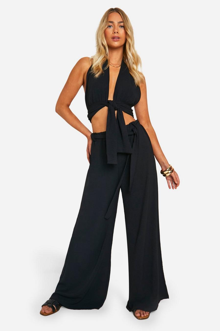 Black Hammered Plunge Front Crop & Wide Leg Trousers