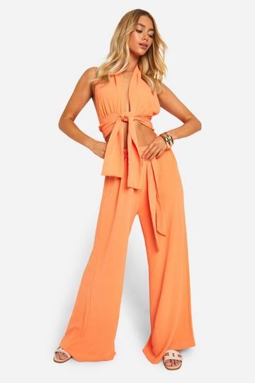 Orange Hammered Plunge Front Crop & Wide Leg Pants