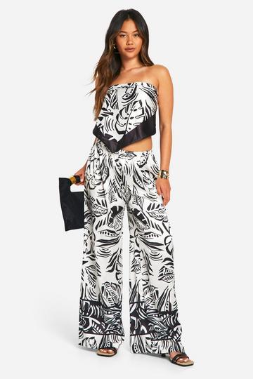 Satin Palm Print Bandeau & Wide Leg Pants black