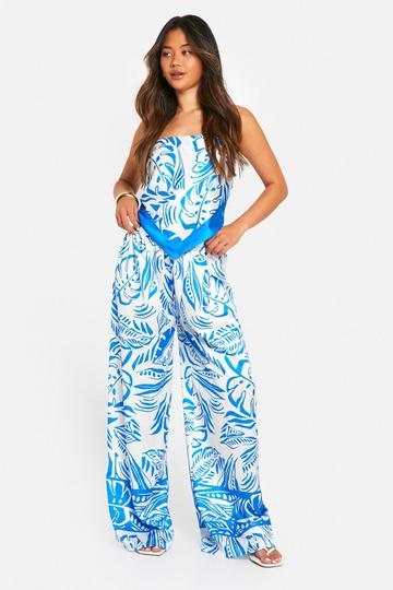 Satin Palm Print Bandeau & Wide Leg Pants cobalt