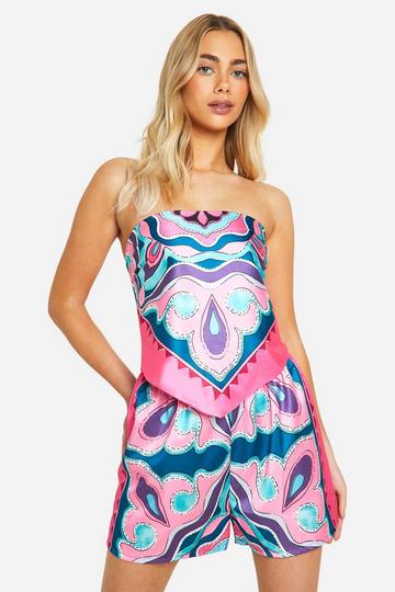 Pink Satin Abstract Print Bandeau & Flippy Shorts