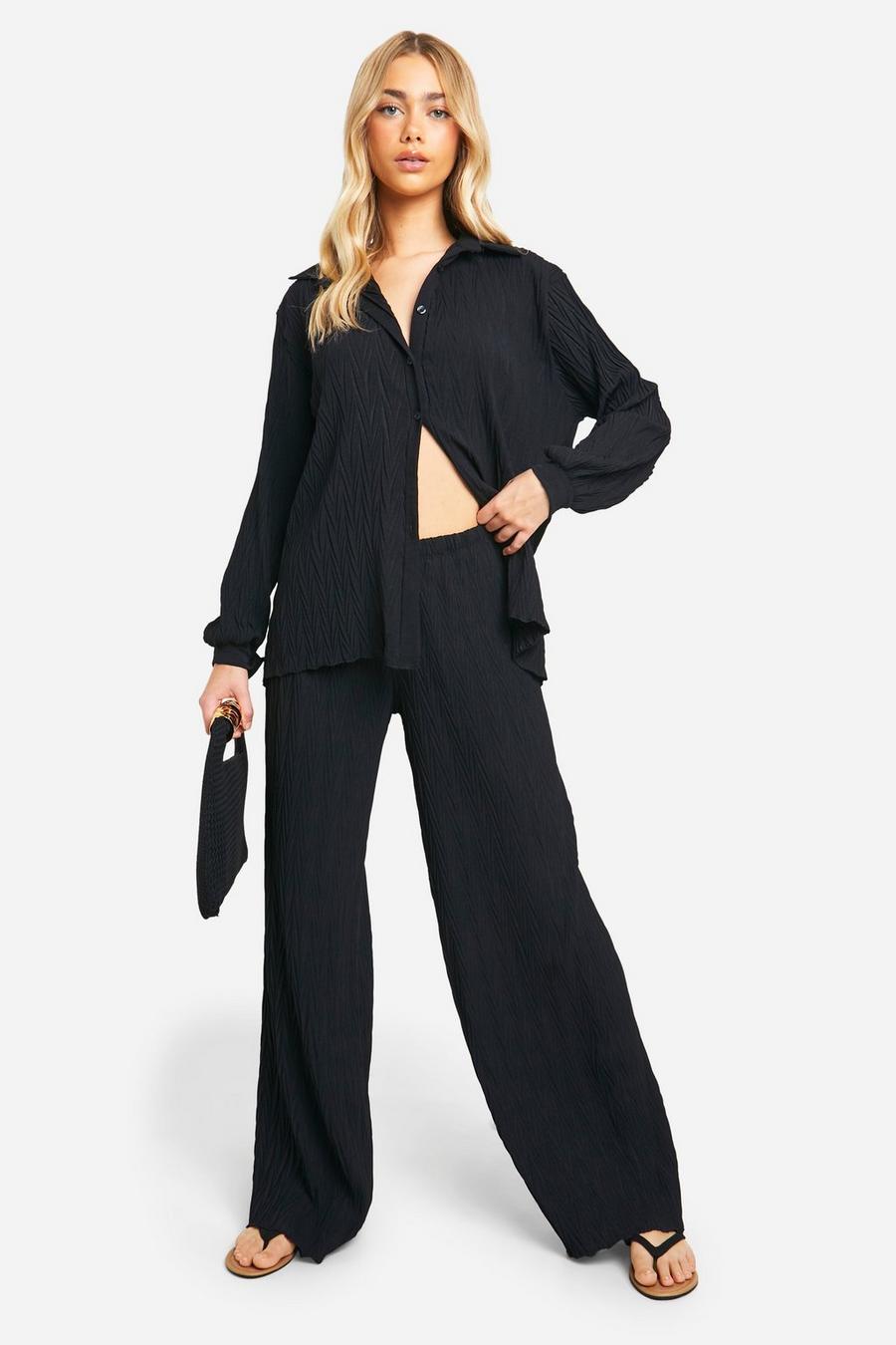 Black Hammered Pleat Detail Relaxed Fit Shirt & Wide Leg Pants image number 1