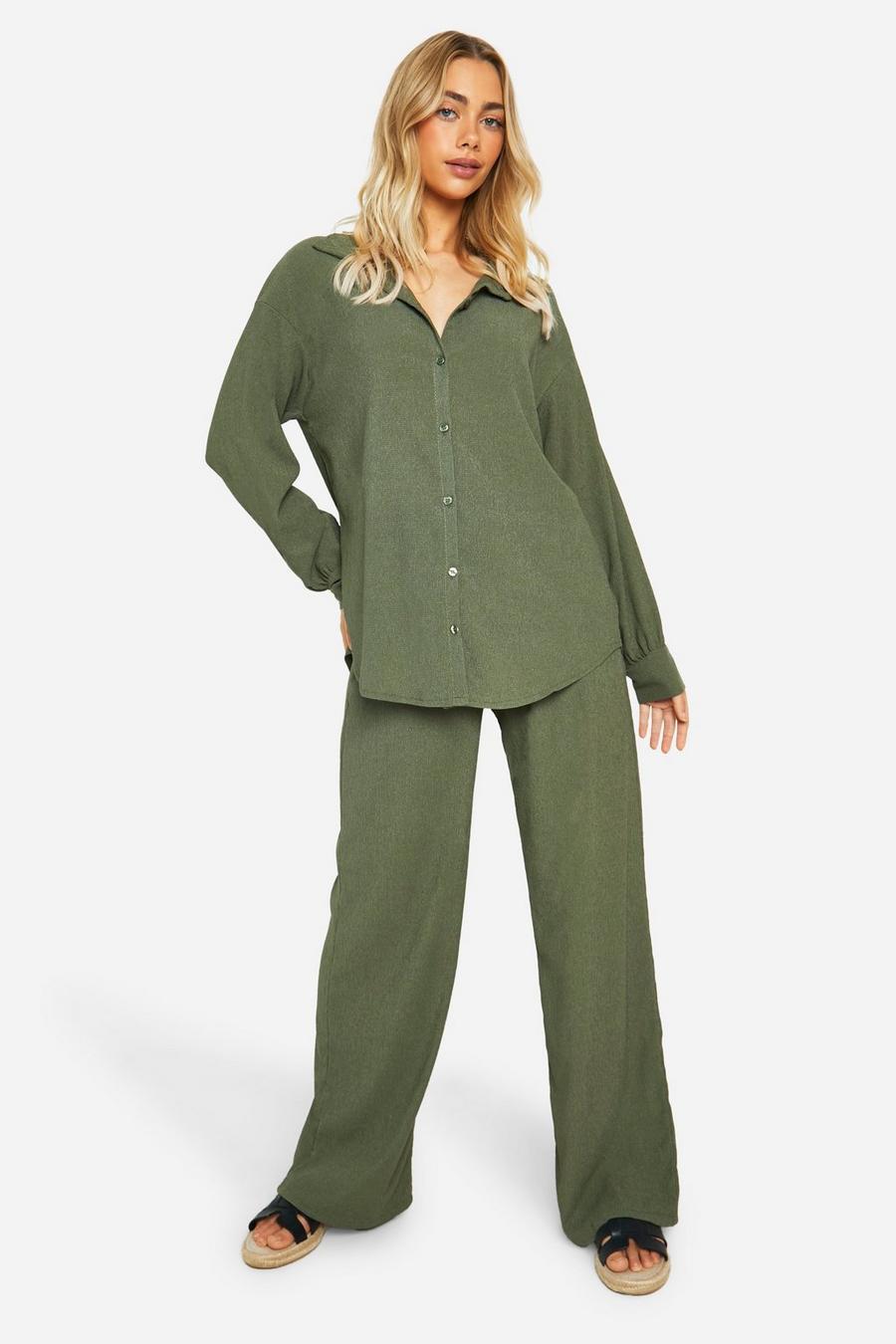 Khaki Textured Relaxed Fit Shirt & Wide Leg Trousers image number 1