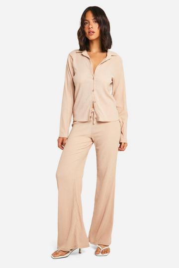 Sand Beige Textured Fitted Shirt & Flared Trousers