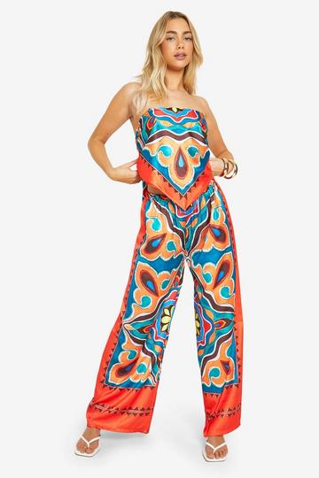 Orange Satin Abstract Print Bandeau & Wide Leg Pants