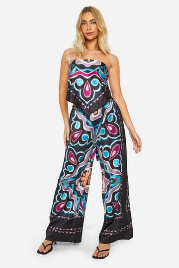 Satin Abstract Print Bandeau & Wide Leg Pants black