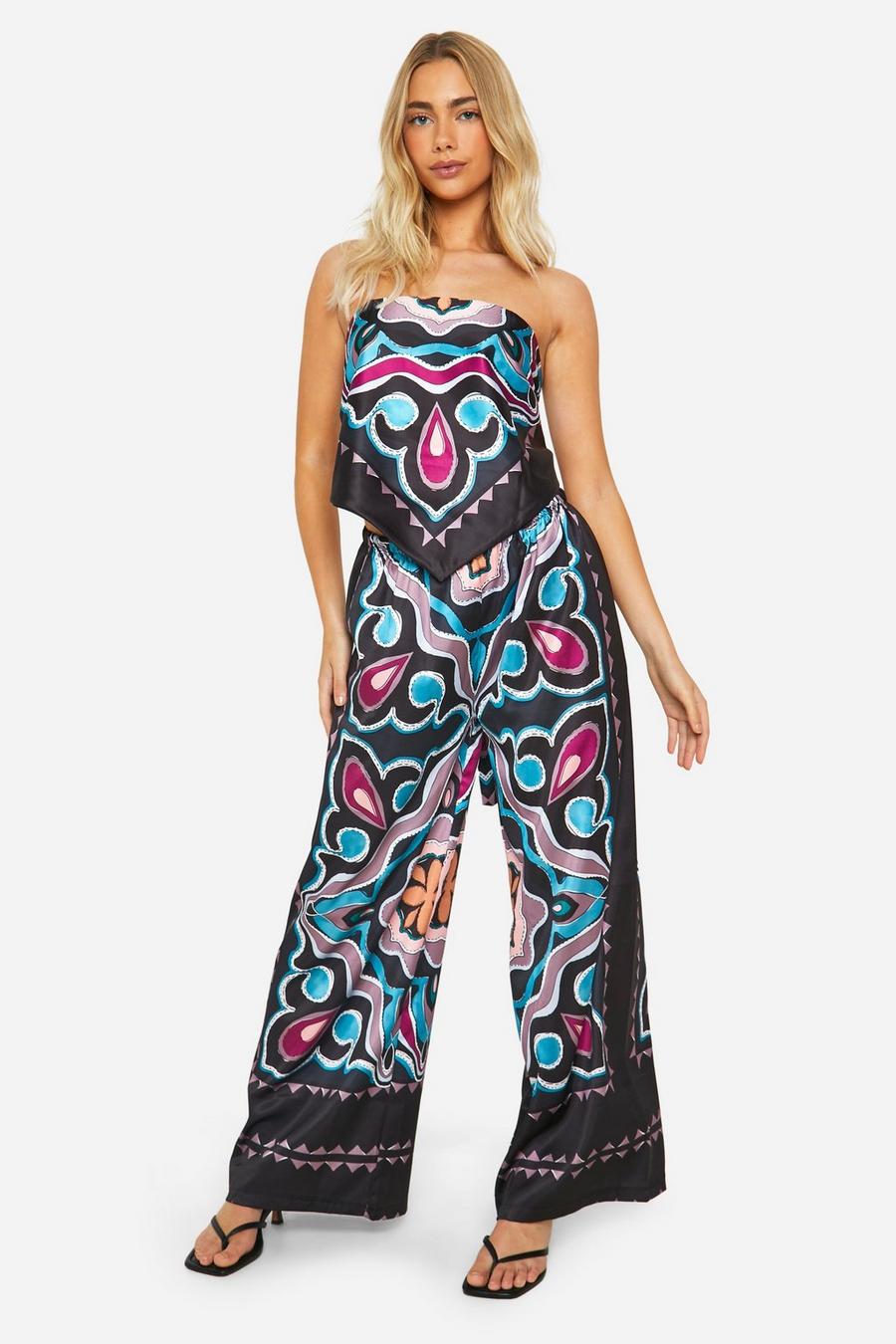 Black Satin Abstract Print Bandeau & Wide Leg Trousers