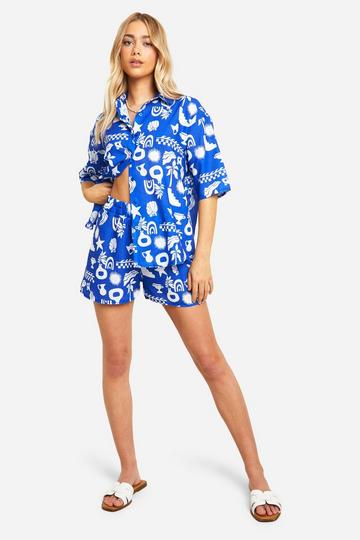 Linen Look Bohemian Print Relaxed Fit Shirt & Shorts cobalt