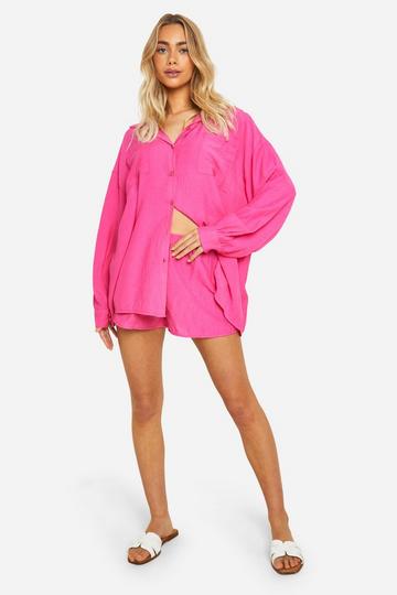 Geweven Gekreukeld Baggy Overhemd Met Omgeslagen Mouwen En Shorts hot pink