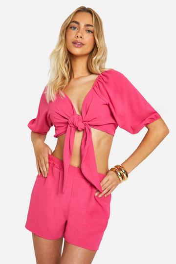 Platgeslagen Opgeknoopte Crop Top En Losse Shorts hot pink