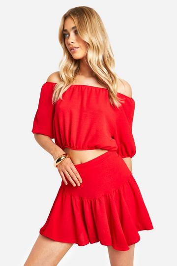 Red Hammered Volume Sleeve Bardot & Mini skirt