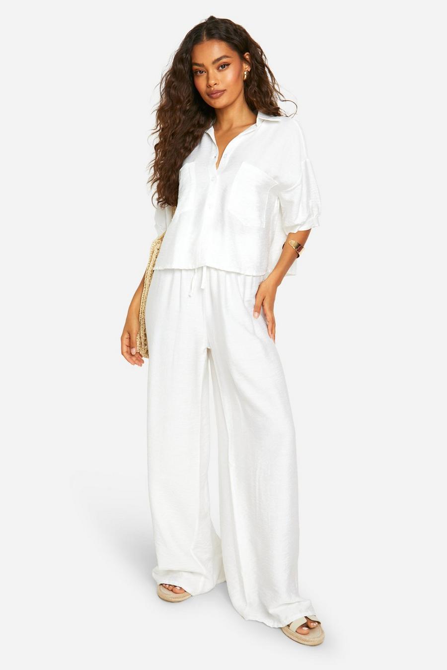 Ivory Linen Look Puff Sleeve Shirt & Wide Leg Pants image number 1