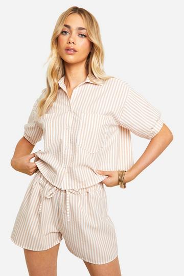 Stone Beige Seersucker Crinkle Boxy Crop Shirt & Shorts