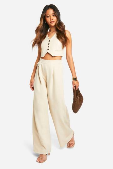Contrast Button Wide Leg Tailored Trousers stone