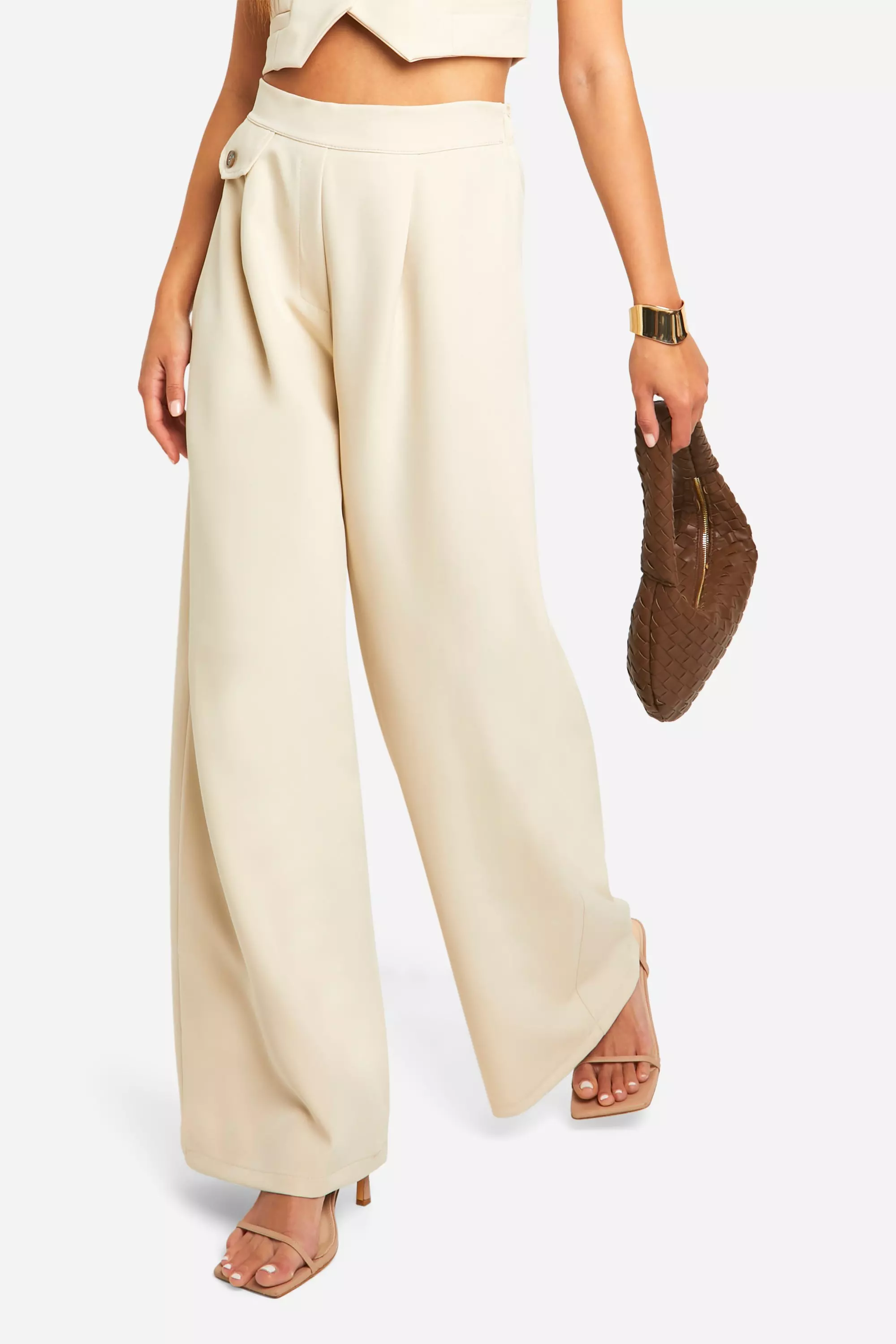 Stone Contrast Button Wide Leg Tailored Trousers alternative image