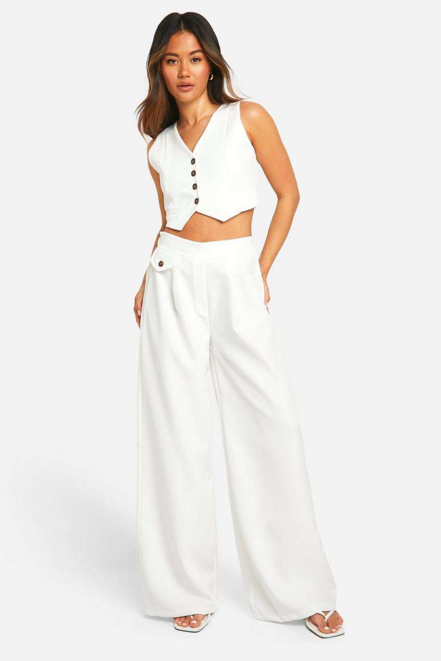 Ivory Contrast Button Wide Leg Dress Pants image number 1