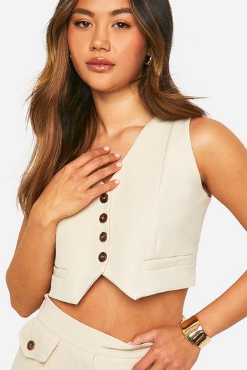 Stone Beige Contrast Button Plunge Front Waistcoat