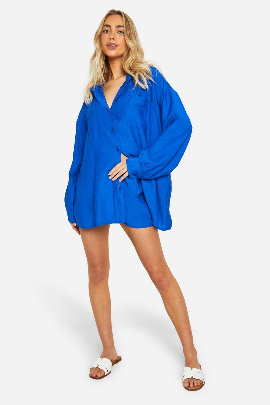 Cobalt Woven Crinkle Relaxed Fit Turn Cuff Shirt & Shorts image number 1