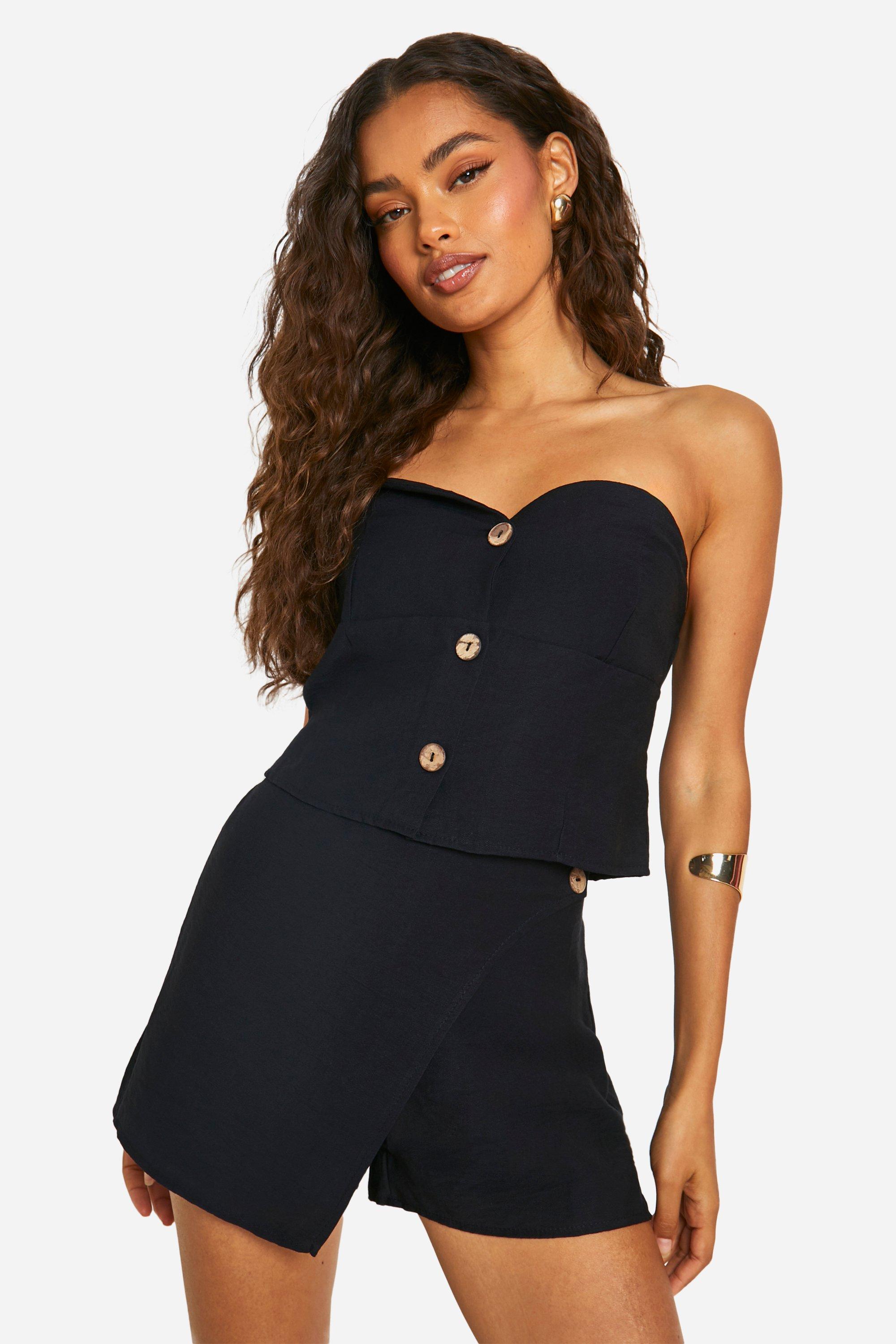 Black Linen Look Button Front Bandeau