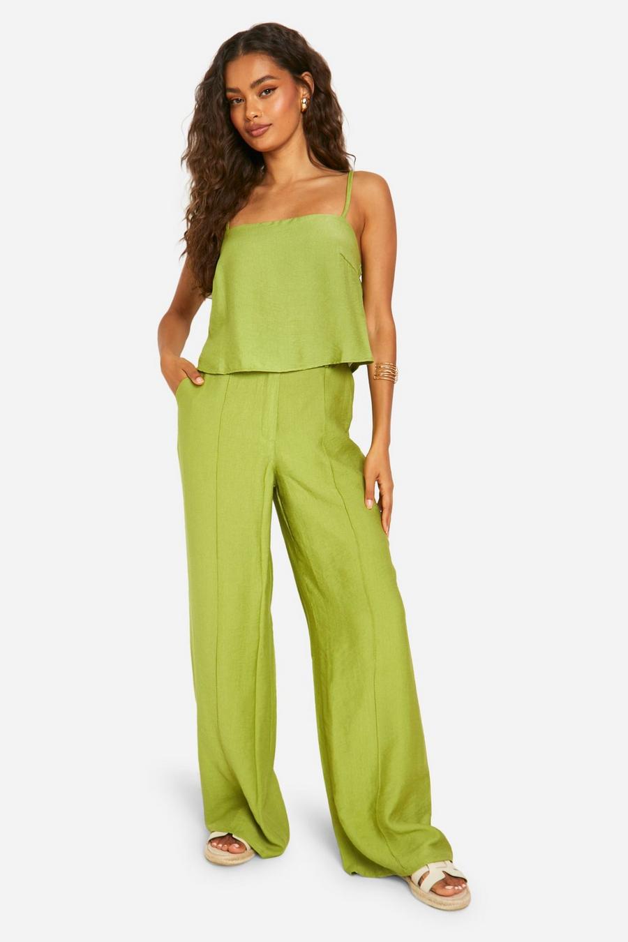 Olive Linen Look Seam Detail Wide Leg Trousers image number 1