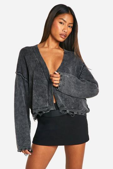 Acid Wash Distressed Hem Slouchy Crop Cardigan charcoal