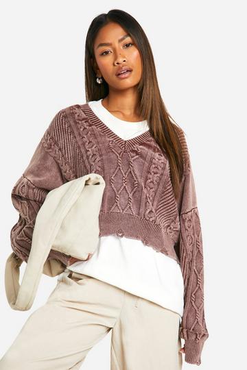 Acid Wash Distressed Hem Slouchy Cable Jumper mauve