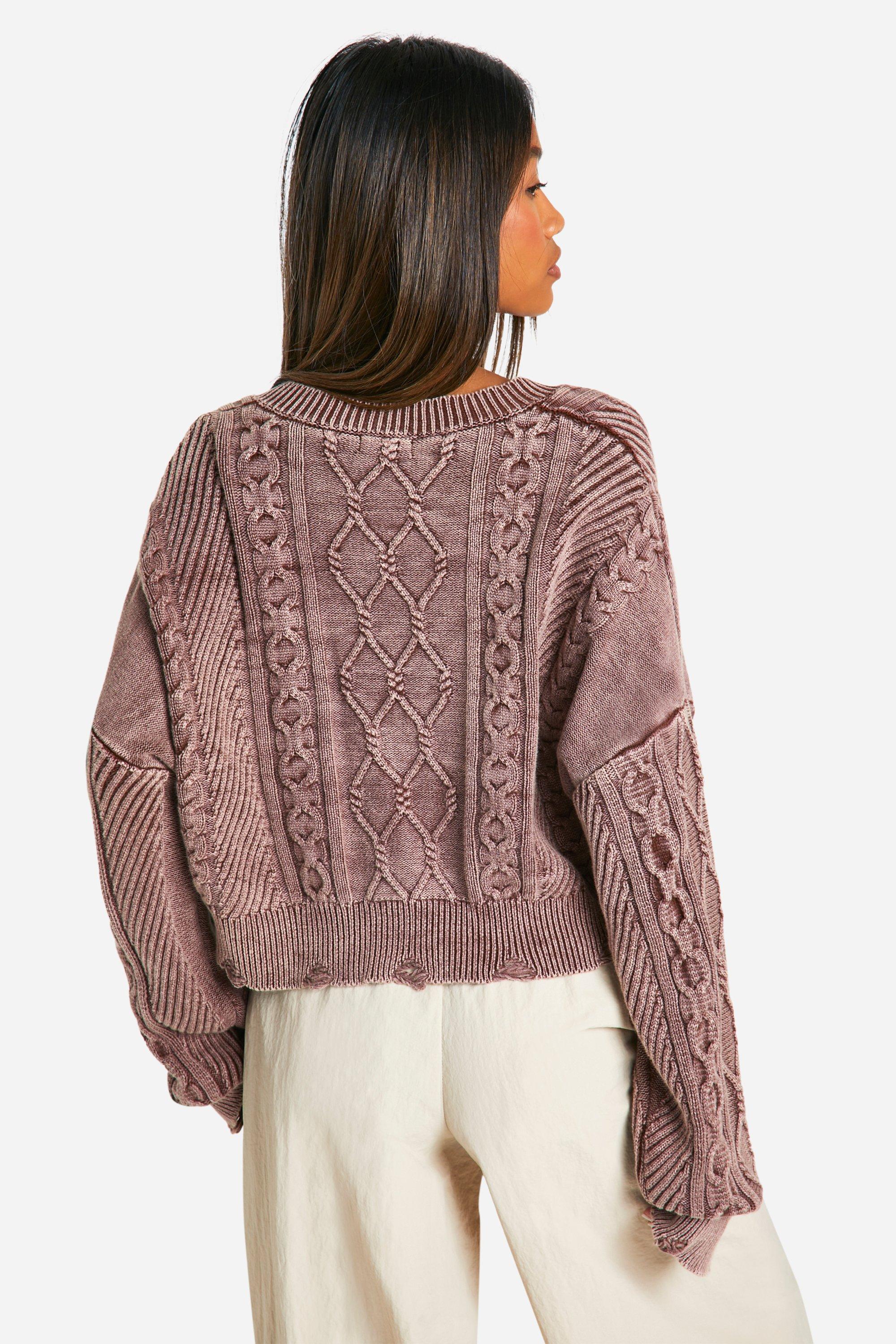 Acid Wash Distressed Hem Slouchy Cable Sweater | boohoo USA