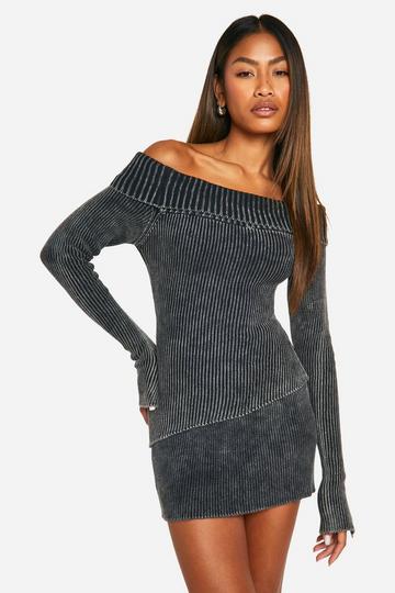 Geribbelde Gebreide Acid Wash Gebleekte Off Shoulder Trui Met Asymmetrische Zoom charcoal