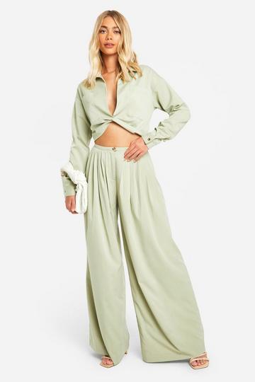 Geplooide Linnen Look Low Rise Extreme Wide Leg Broek sage