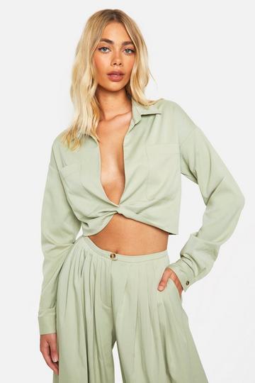 Sage Green Linen Look Relaxed Fit Twist Front Shirt