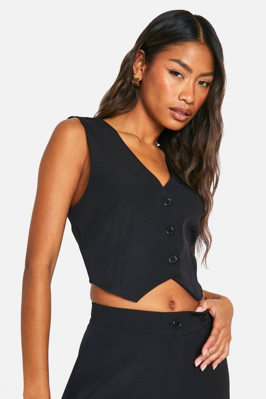 Black Woven Fitted Cropped Waistcoat 