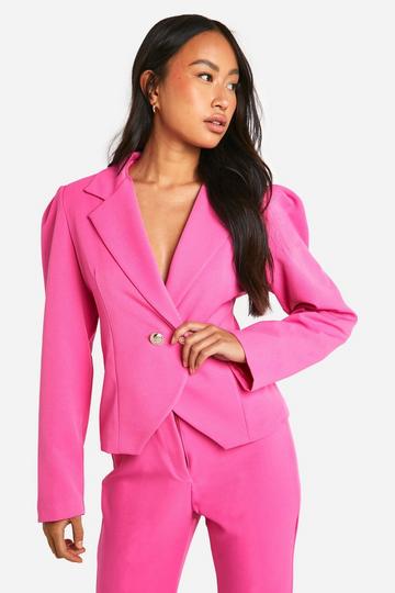 Premium Textured Fitted Tailored Blazer hot pink