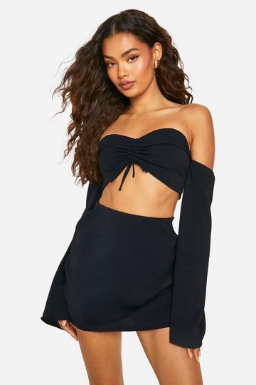 Hammered Ruched Front Bardot & Mini Skirt black