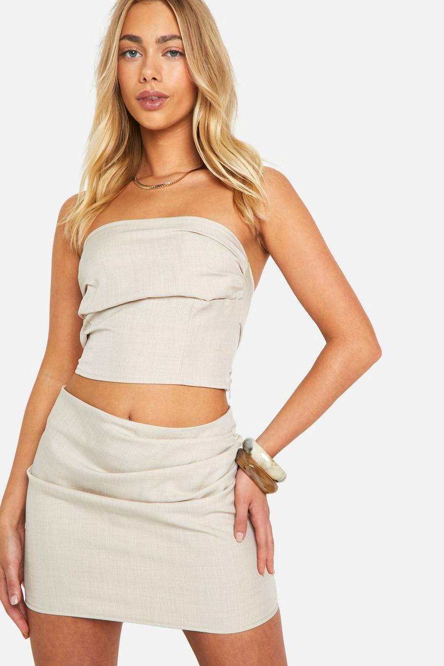 Sand Linen Look Ruched Side Micro Mini Skirt